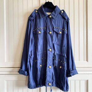 Michael Kors Anorak Coat Navy blue Jacket Drawstring Waist Gold Hardware L